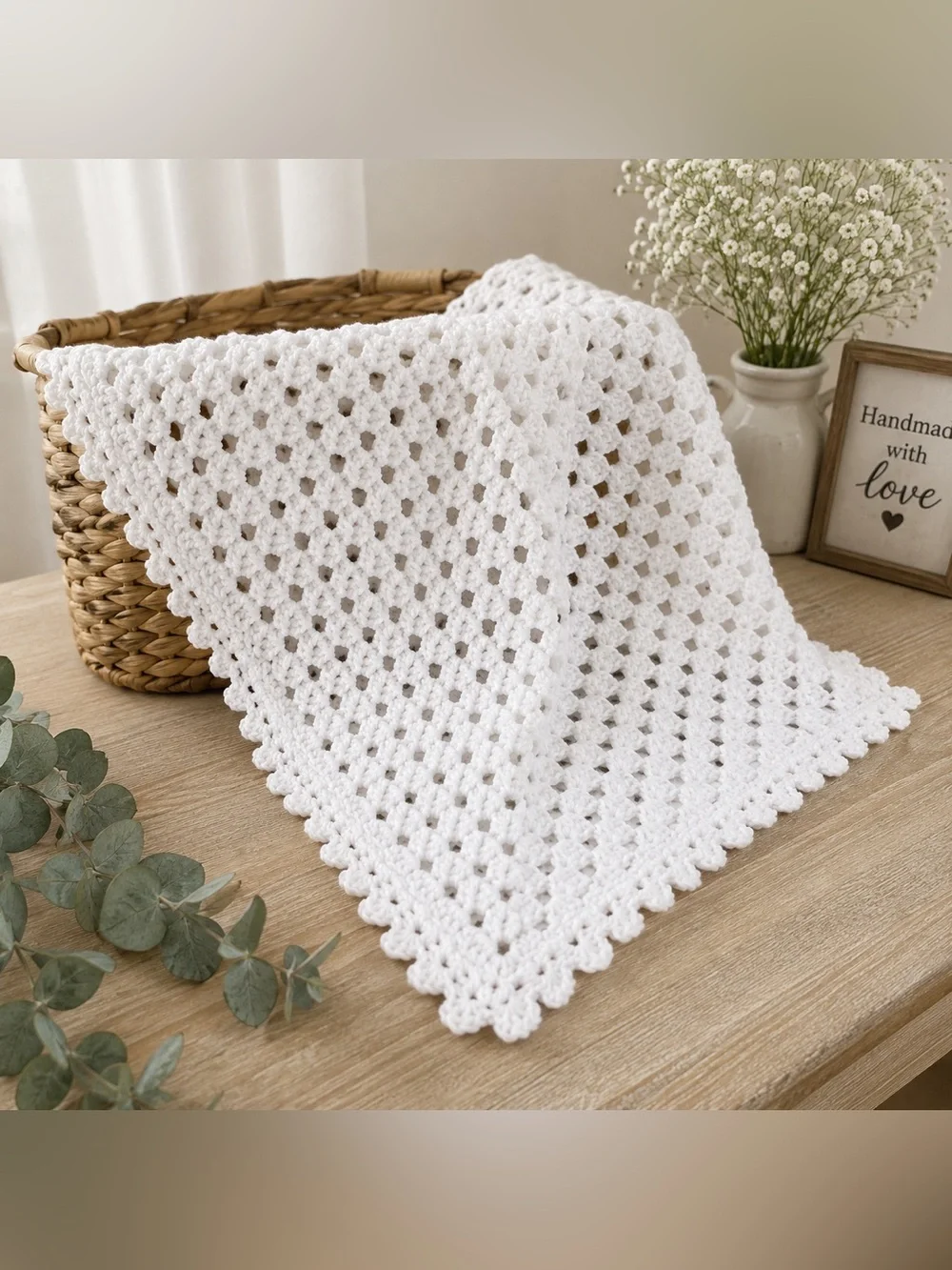 Handmade White Crochet Granny Square Baby Blanket 38 inch Cottagecore Heirloom